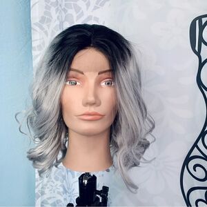 Silver Gray with Dark Roots Lace Front Heat Friendly Synthetic Wig Size Average